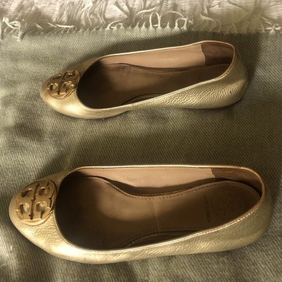 Tory Burch Metallic Gold Leather Ballet Flats With Gold Logo Size 7. - Picture 2 of 9